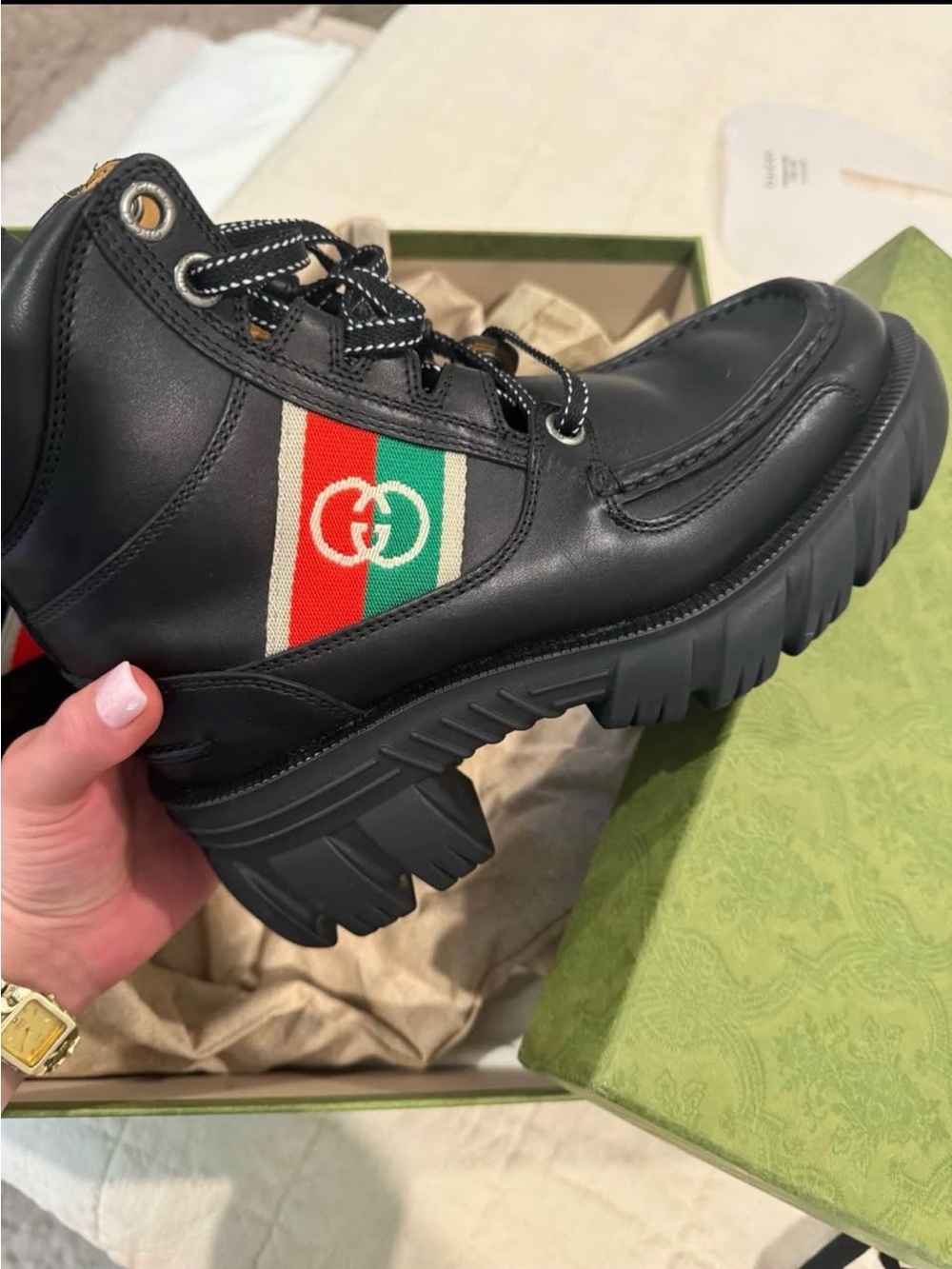 Gucci Black Leather Lug Sole Boot with Green-Red-Green Web and Gold GG - Picture 1 of 4